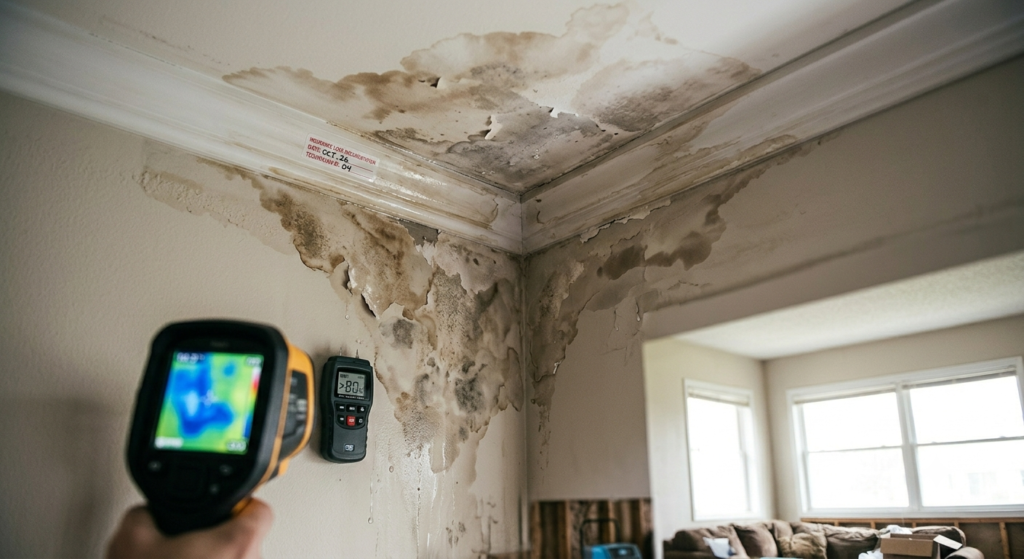 Ultra-realistic residential interior showing the severe consequences of unrepaired water damage. A homeowner and restoration professional inspect a ceiling with extensive brown water stains, peeling paint, sagging drywall, and visible structural deterioration caused by a long-term hidden leak. Moisture damage spreads across the ceiling and walls, highlighting the progression from a minor leak to costly property damage. Natural daylight streams through nearby windows, revealing realistic textures, discoloration, mold-prone conditions, and weakened building materials. Dramatic yet professional atmosphere, property restoration and insurance claim context, warning-sign concept, photorealistic, ultra-detailed, 8K quality, cinematic composition, depth of field, emphasizing the risks of delaying water damage repairs and the importance of immediate restoration services.